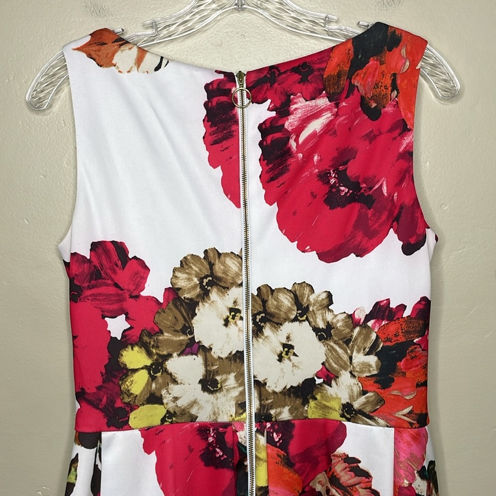 ROZ & ALI Floral Dress White & Fuchsia Sleeveless Pleated Full Skirt Exposed Zip - Picture 8 of 13